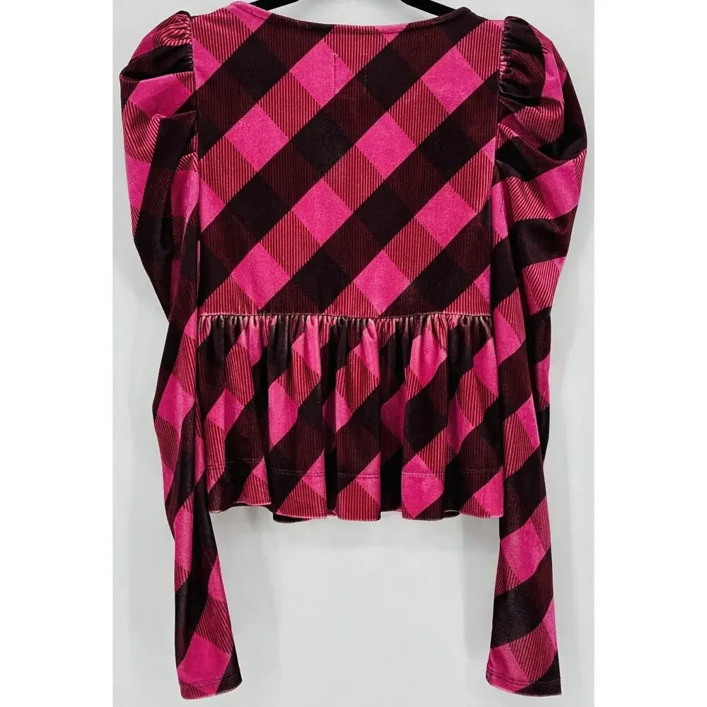 Maeve Anthropologie XS Pink Buffalo Plaid Peplum Puff Sleeve Tie Front Top NWT